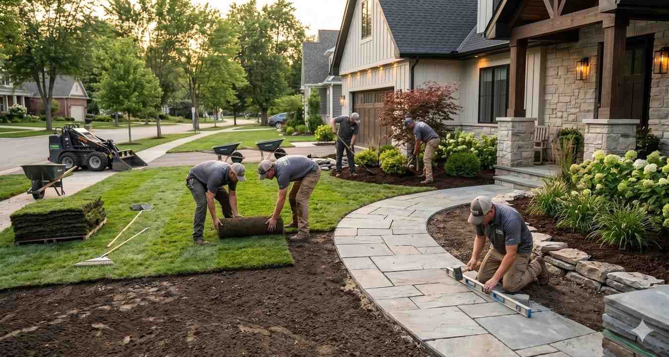 Landscape design consultant reviewing outdoor renovation plans with homeowners on a modern backyard patio surrounded by lush garden landscaping