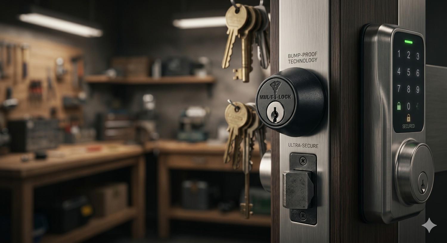 Close-up of a high-security smart door lock featuring keypad entry, bump-proof deadbolt technology, and reinforced locking hardware. Multiple keys hang beside the lock against a blurred locksmith workshop background. Modern electronic access controls, secure locking mechanisms, and advanced residential security features emphasize burglary prevention, smart home protection, and professional locksmith-grade hardware solutions.
