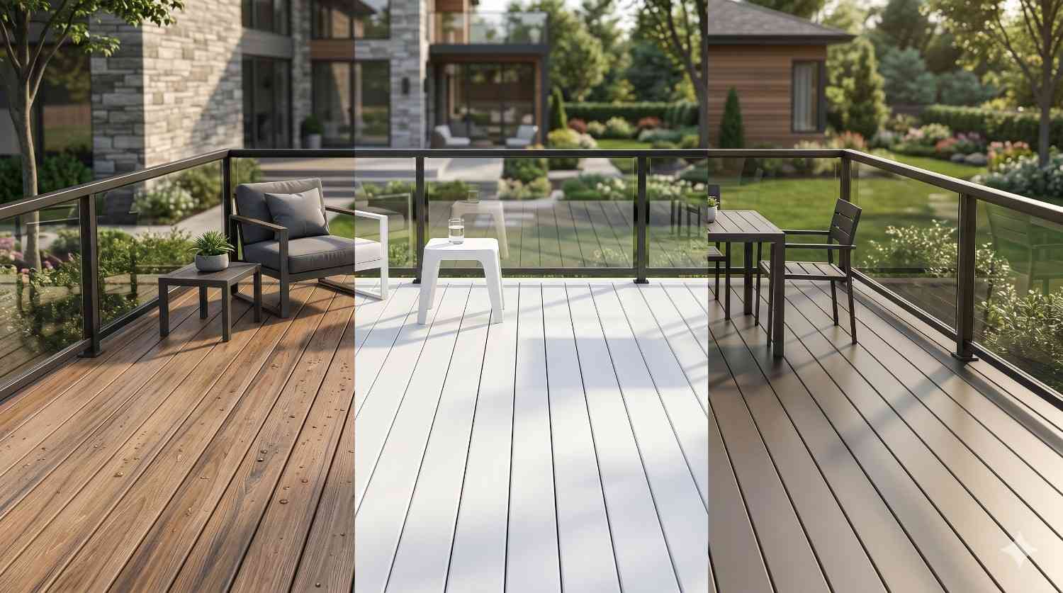 Three modern composite deck color options displayed side by side, featuring wood-tone brown, bright white, and gray decking boards. The outdoor decks include glass railings and patio furniture, showcasing stylish, low-maintenance decking choices for contemporary backyard living spaces.
