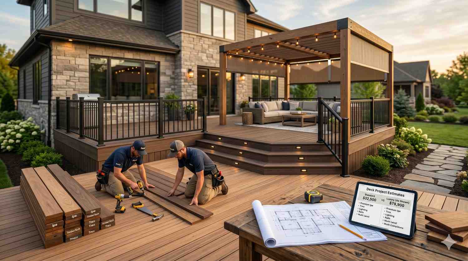 Contractors install and compare premium decking materials on a luxury backyard deck renovation project featuring a pergola lounge, integrated stair lighting, and black railings. Wood samples, blueprints, and project estimates sit nearby as workers secure deck boards. The upscale outdoor living space highlights custom deck design, construction planning, and modern residential exterior improvements.