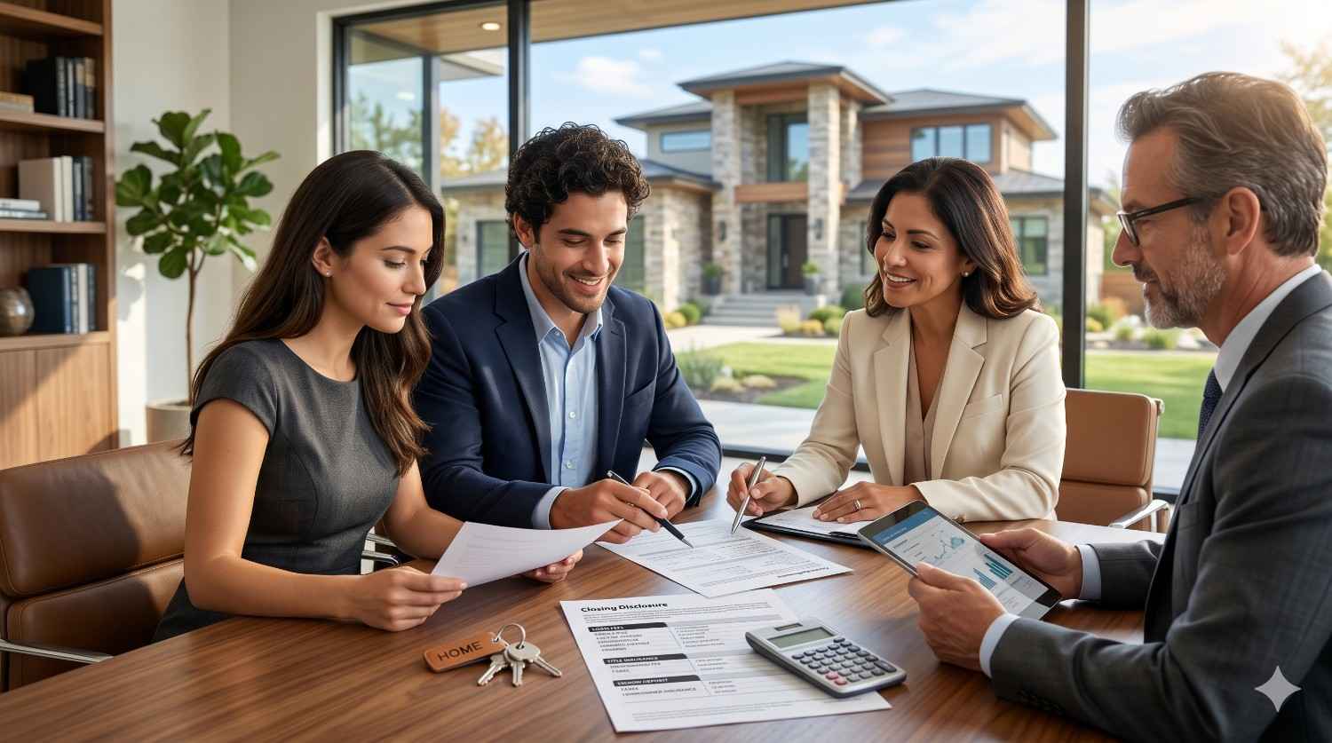 Two homebuyers meet with real estate professionals to review and sign closing documents at a conference table, with house keys, financial paperwork, and a modern luxury home visible through large windows.