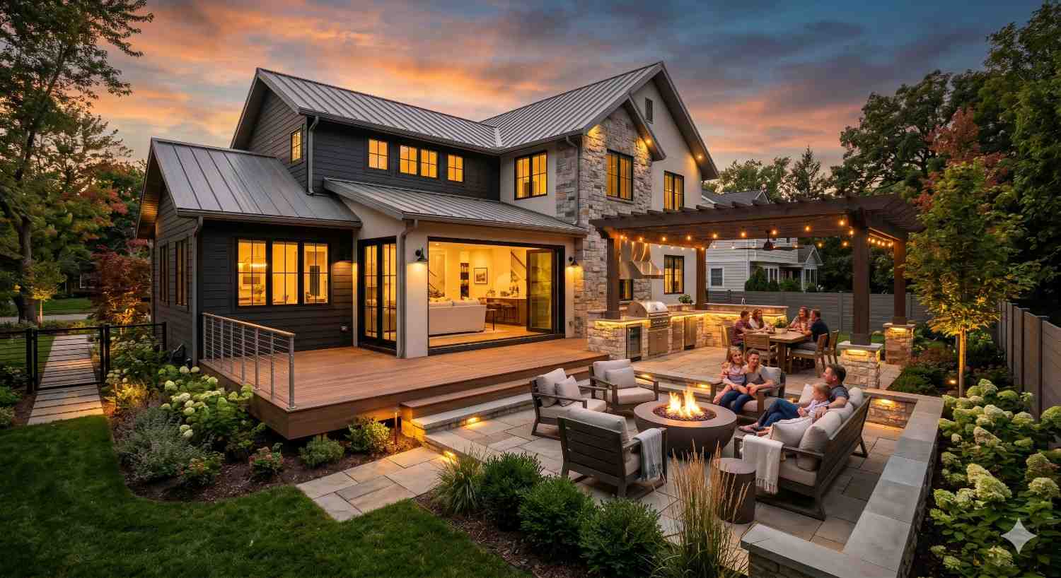 Luxury modern farmhouse exterior at sunset featuring landscaped backyard patio with fire pit seating, outdoor kitchen, pergola dining area, and warm architectural lighting. Contemporary two-story home includes metal roofing, stone accents, expansive windows, and wooden deck. Families gather outdoors enjoying entertainment spaces surrounded by lush gardens and professionally designed residential hardscaping.