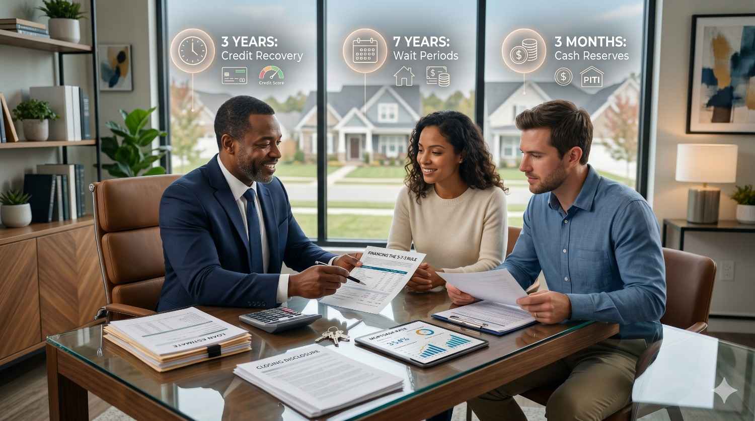 A mortgage advisor meets with a couple in a modern office, reviewing financing documents and homebuying requirements. Graphics above highlight credit recovery timelines, waiting periods, and cash reserve guidelines for mortgage approval eligibility.