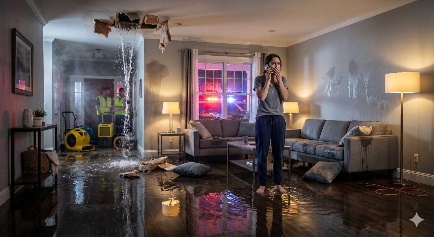 Woman stands in a flooded living room making a phone call while water pours from a damaged ceiling. Wet floors, soaked furniture, and restoration workers with drying equipment highlight an emergency home water damage situation and ongoing cleanup efforts.