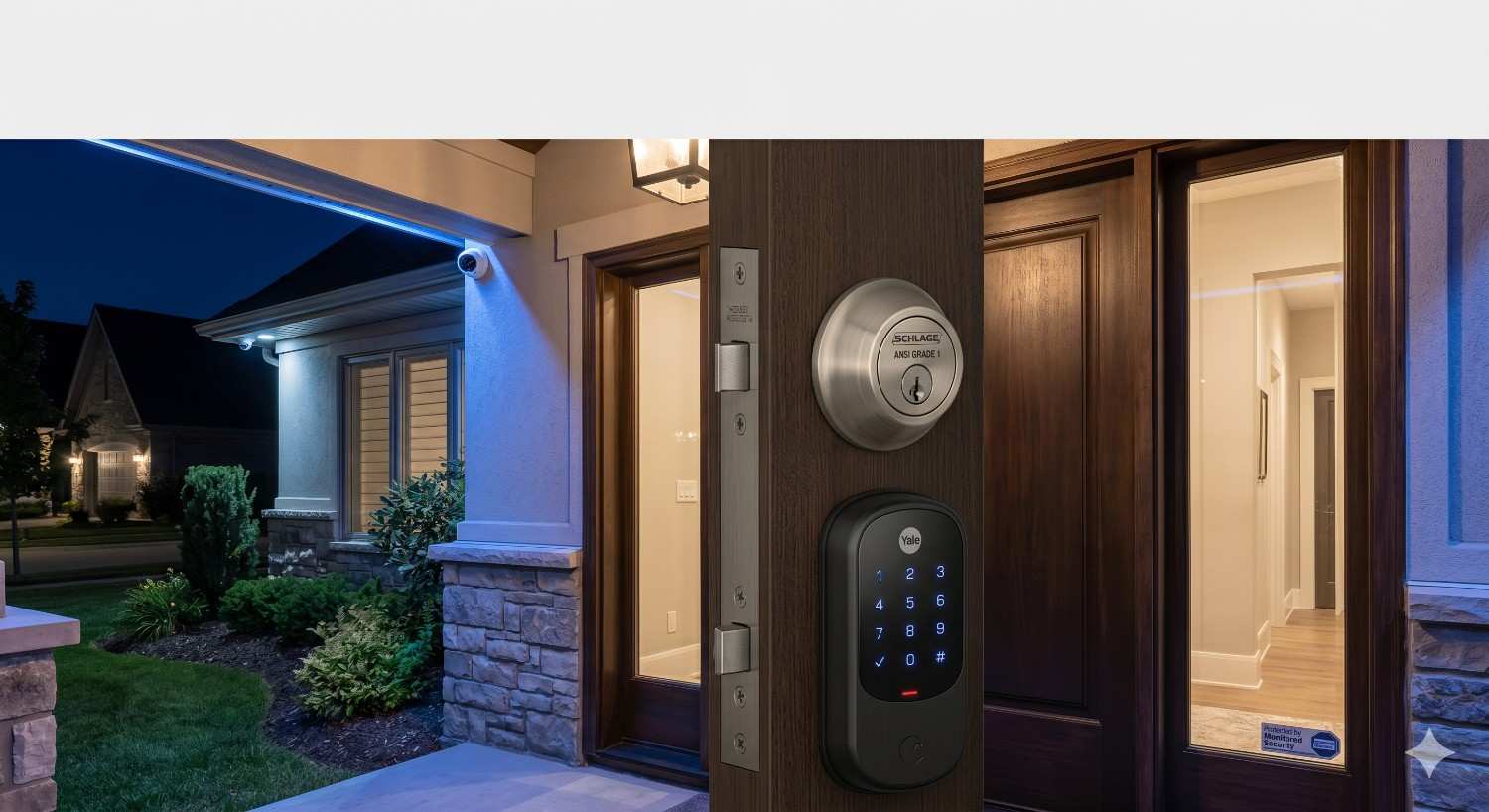 Close-up view of a modern smart lock with illuminated keypad installed on a contemporary front door at night. Exterior security cameras, motion lighting, and landscaped entryway emphasize home security technology. Warm interior lighting contrasts with the evening setting, showcasing keyless entry, residential safety systems, and sleek modern exterior architectural design features.