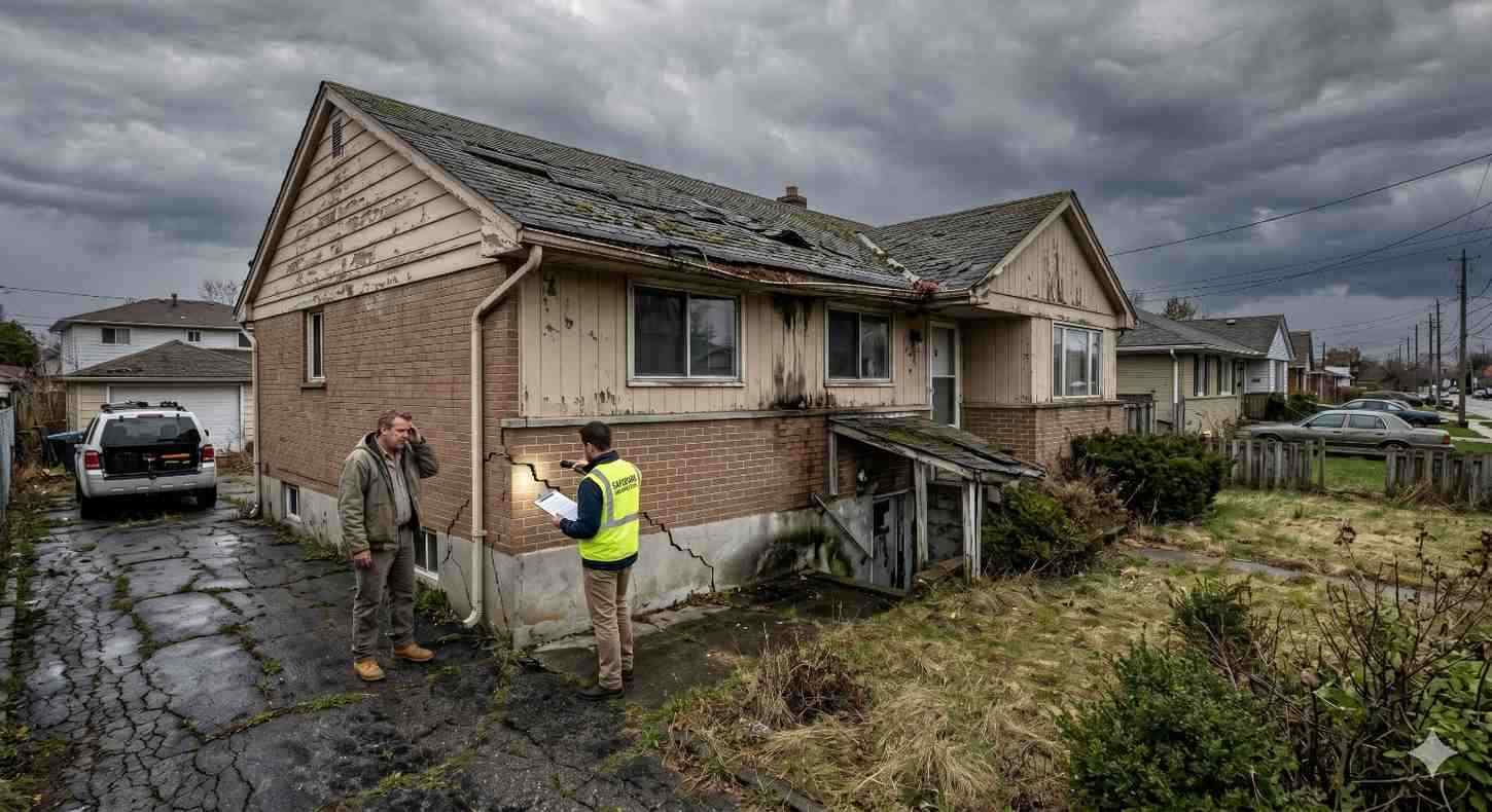 Inspector evaluating a neglected house with damaged roofing, cracked pavement, weathered siding, and overgrown landscaping beneath stormy skies. A homeowner stands nearby as notes are taken, illustrating property inspection, structural deterioration, and concerns related to aging home conditions and maintenance issues.