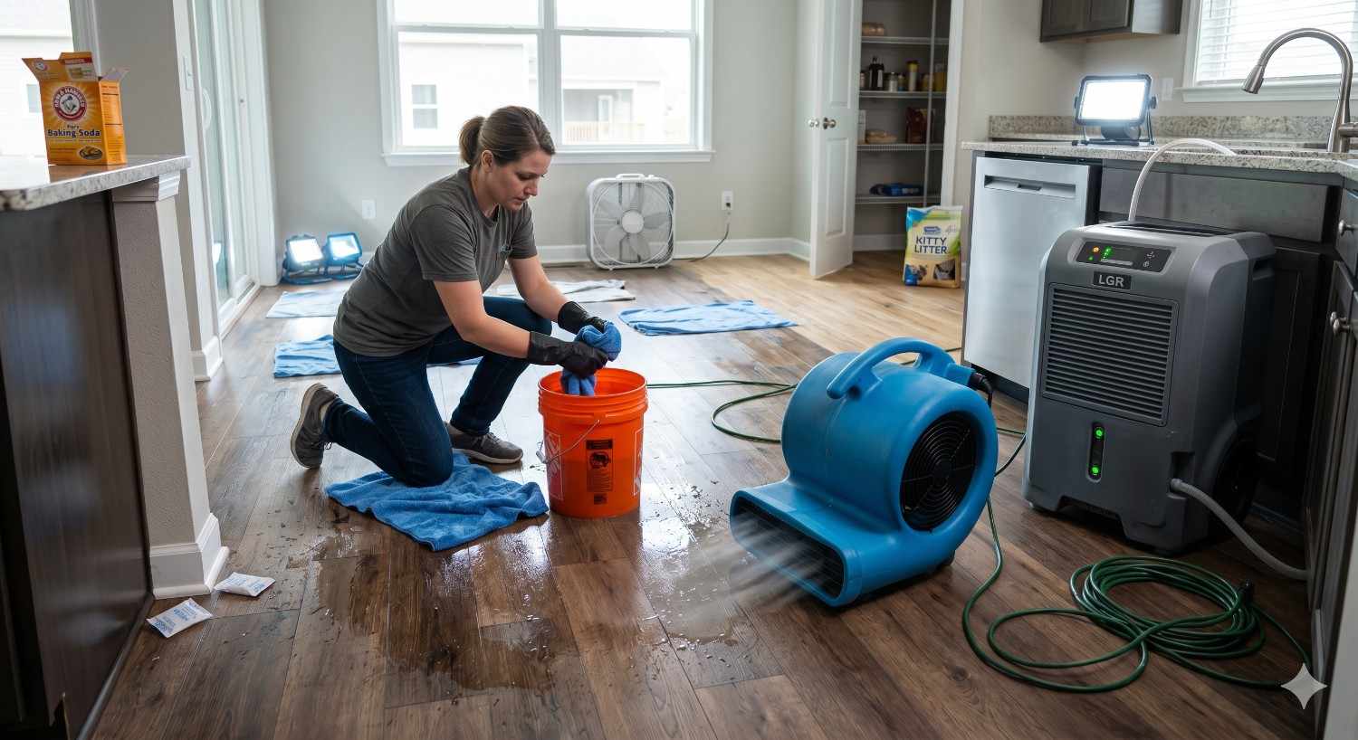 A homeowner cleans water-damaged flooring in a kitchen using towels and buckets while industrial air movers and dehumidifiers dry the room, showing an active residential water damage restoration process.