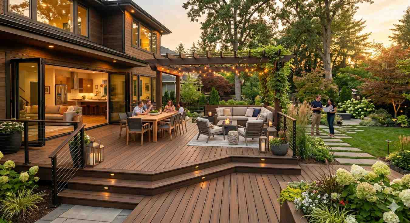 Elegant backyard deck extends from a modern home, featuring multi-level composite decking, integrated stair lighting, outdoor dining, lounge seating, and a pergola with string lights. Family and guests gather in the landscaped outdoor space surrounded by gardens and mature trees, showcasing luxury outdoor living, entertainment, comfort, and enhanced property value.