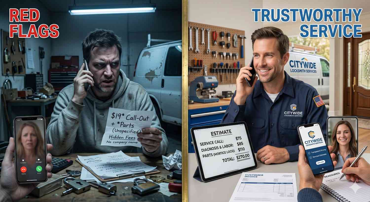 Split-screen comparison of locksmith services: on the left, a suspicious technician with hidden fees and poor conditions labeled “Red Flags”; on the right, a professional locksmith providing transparent pricing, verified service, and customer support in a clean workspace.
