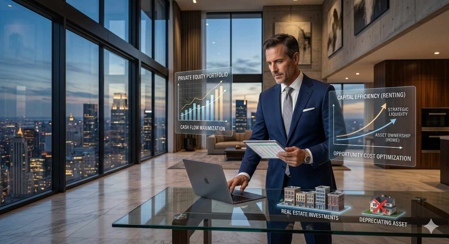 Business executive analyzes real estate investment data in a luxury high-rise apartment overlooking a city skyline at dusk. Digital charts display portfolio growth, cash flow, and asset optimization beside a laptop and property models.
