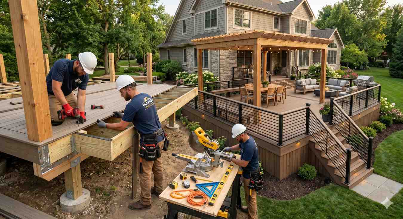 Deck construction crew installs composite decking and pergola structure in a landscaped backyard beside a large residential home. Contractors use power tools, measuring equipment, and framing materials while building elevated outdoor living space. Completed sections feature black aluminum railings, integrated stair lighting, dining area, lounge seating, and premium custom deck craftsmanship.