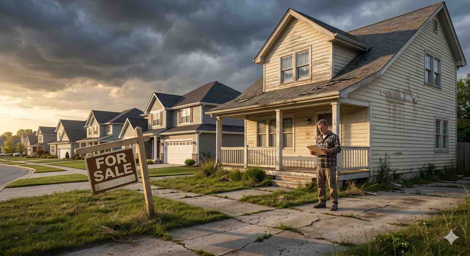 Man stands outside an aging house with overgrown grass and a tilted “For Sale” sign, reviewing paperwork. Dark clouds and neighboring well-kept homes highlight concerns about property condition, declining value, or challenges selling the home.
