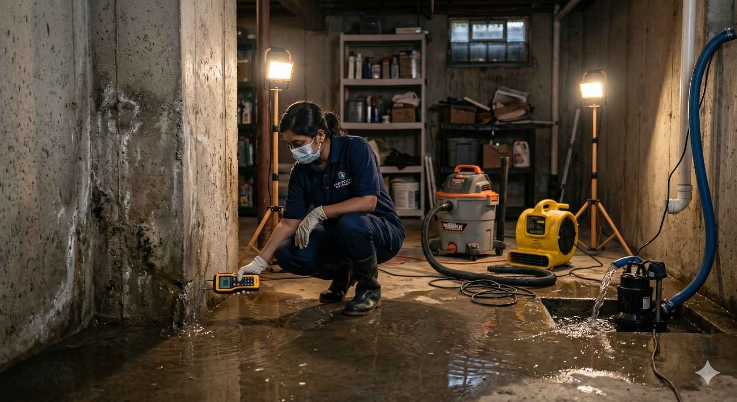 Technician performing Basement Water Cleanup, inspecting flooded basement wall with moisture meter while pump removes standing water and equipment dries the area