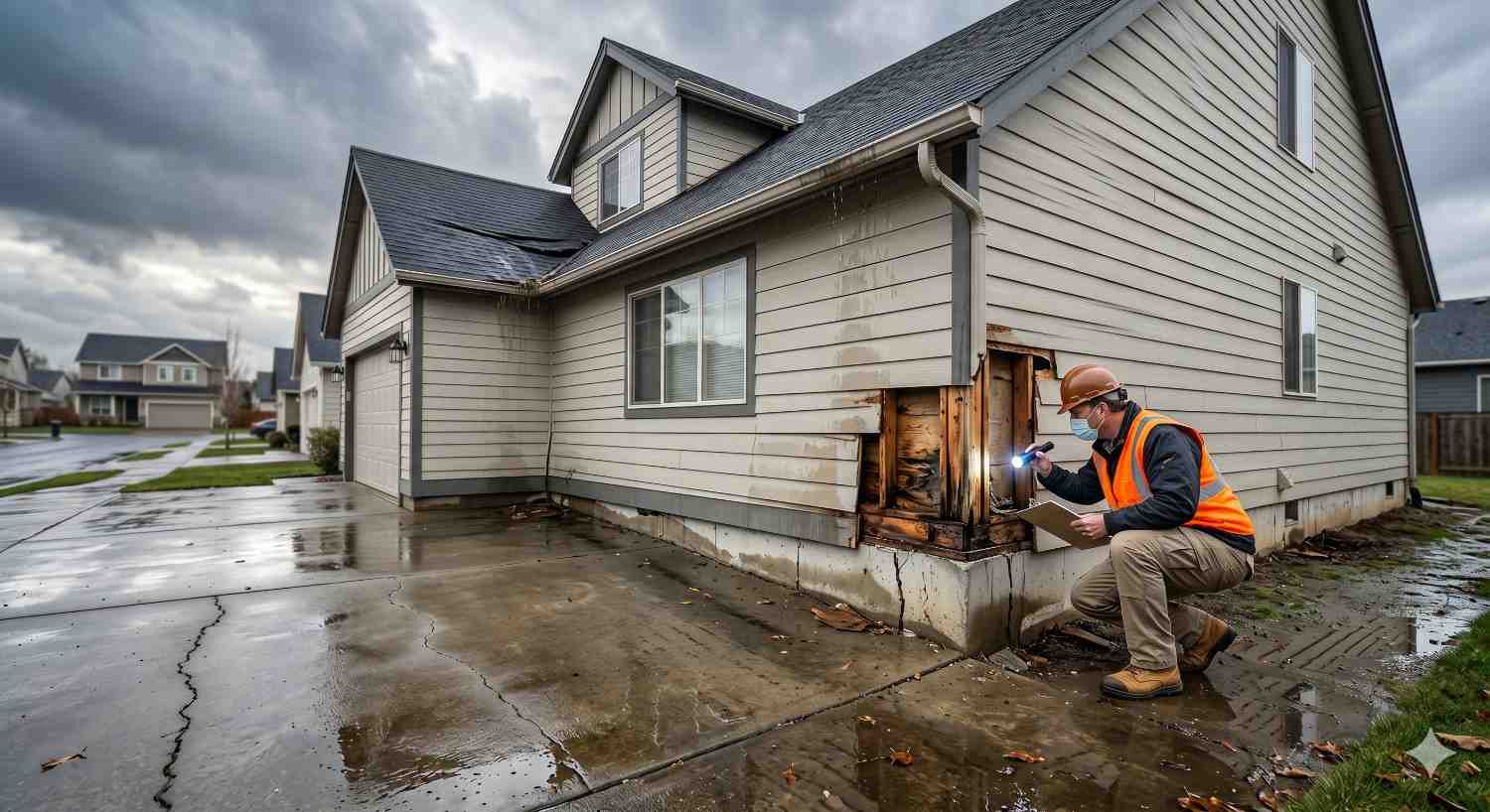 Home inspector examines severe exterior water damage on residential siding after heavy rainstorm. Wet conditions, dark clouds, and exposed wall framing reveal moisture intrusion, rot, and structural deterioration. Technician uses flashlight and clipboard to assess damage, document findings, and recommend repairs, highlighting storm damage inspection, water remediation, and home restoration services.