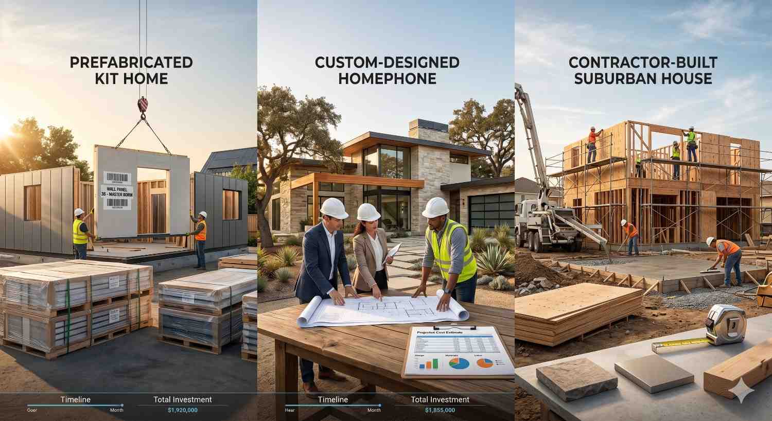 Comparison of three home construction methods: prefabricated kit home assembly, custom-designed modern home planning, and contractor-built suburban house framing. Construction workers, architects, blueprints, and building materials illustrate different timelines, costs, and residential development approaches.