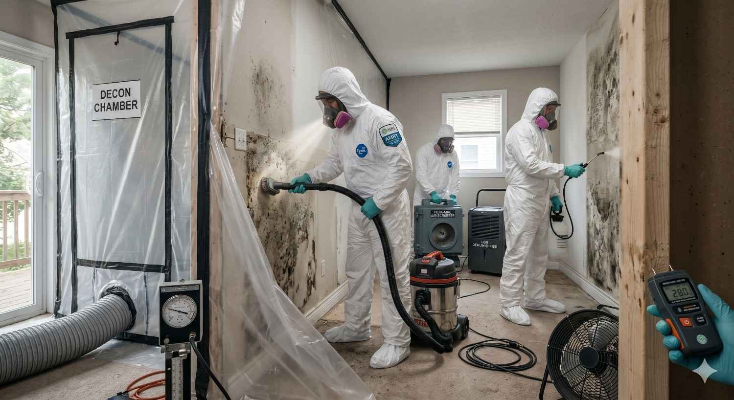 Certified technicians in protective suits perform mold remediation, vacuuming and treating contaminated walls inside a sealed room with dehumidifiers and air scrubbers in use