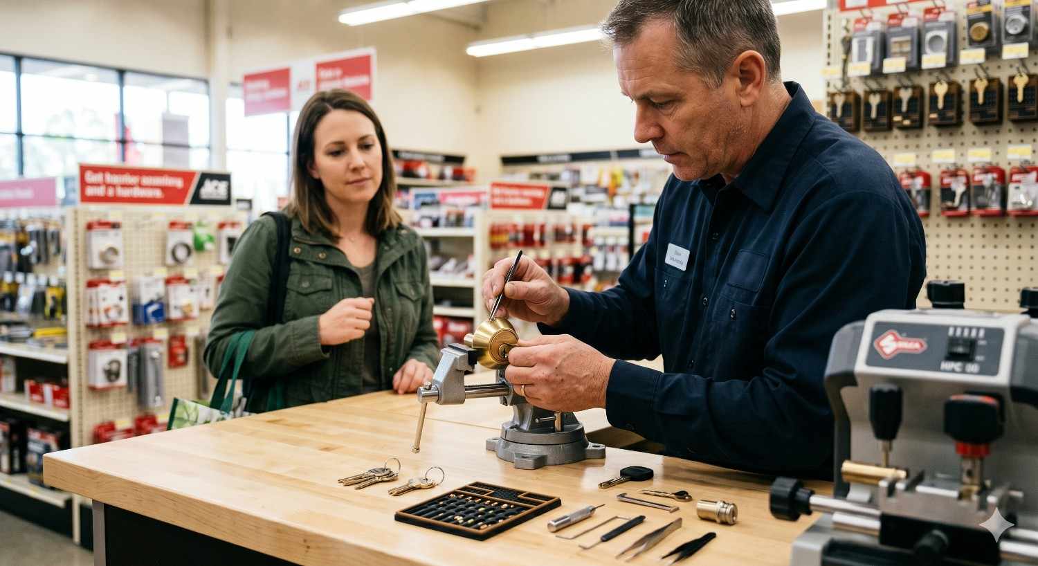 Locksmith repairs or rekeys a lock cylinder at a hardware store workbench while a customer watches nearby. Tools, keys, and lock components are arranged on the counter, highlighting professional lock service and key security work.
