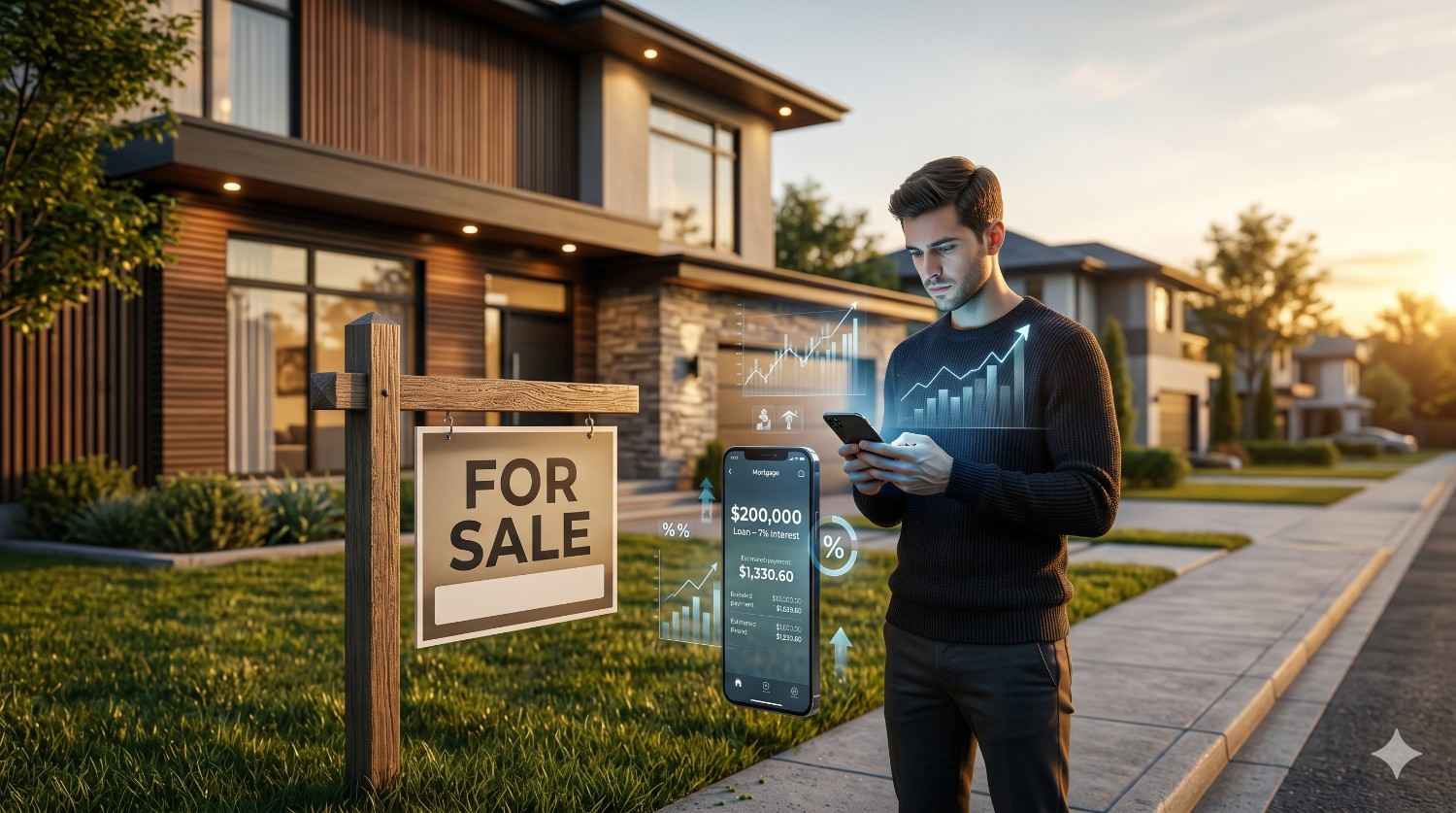 Man using a smartphone to review mortgage rates and housing market data beside a modern home with a “For Sale” sign. Digital financial charts and loan information overlays highlight real estate buying, home financing, and property investment analysis.