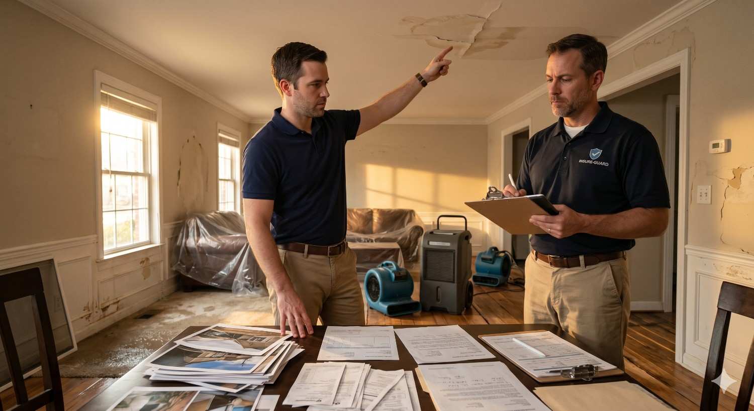Two restoration professionals inspect a water-damaged home while reviewing documents and photos. One points to stains and peeling paint on the ceiling as drying equipment operates in the background, suggesting an insurance assessment or property damage evaluation.