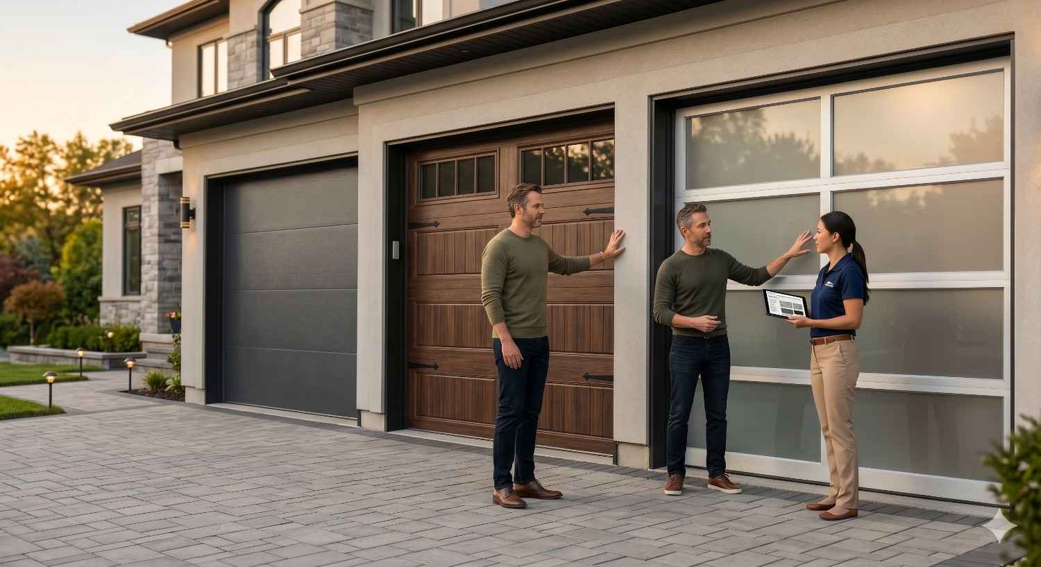 A homeowner discusses garage door options with a service representative outside a modern house, comparing traditional wood-style and contemporary glass-panel garage doors along a clean landscaped driveway at sunset.