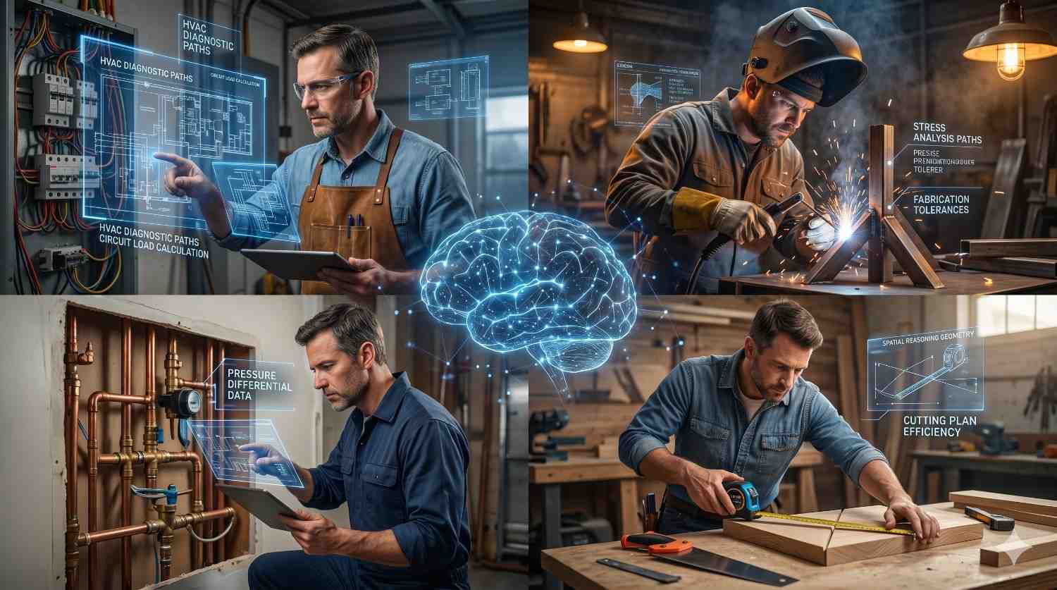 Collage of skilled trades professionals using advanced technology in HVAC, welding, plumbing, and woodworking. Workers analyze digital diagnostics, fabrication data, and measurement systems, with a glowing AI brain graphic symbolizing artificial intelligence in modern skilled labor industries.