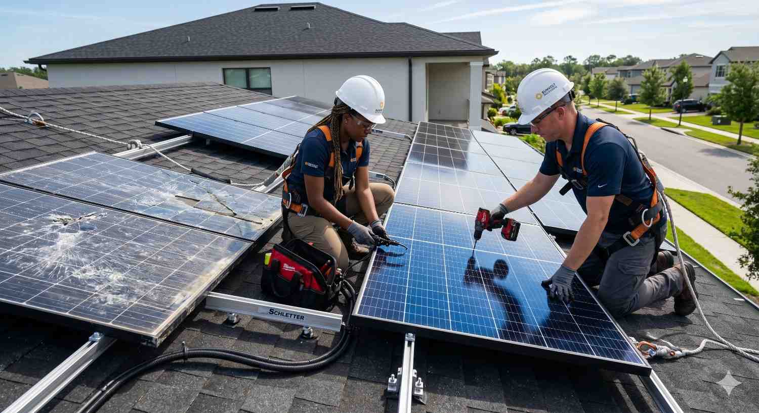 Technicians performing solar panel replacement on a residential rooftop, securing new panels while working safely with harnesses and tools in a suburban neighborhood