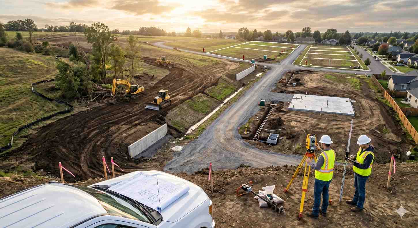 Large residential land development site at sunset with construction crews surveying terrain and preparing infrastructure Excavators, bulldozers, and grading equipment shape roads, drainage systems, and building lots Surveyors use measuring tools beside foundation work while nearby suburban homes border the expanding neighborhood project showcasing early stages of modern community construction planning and development