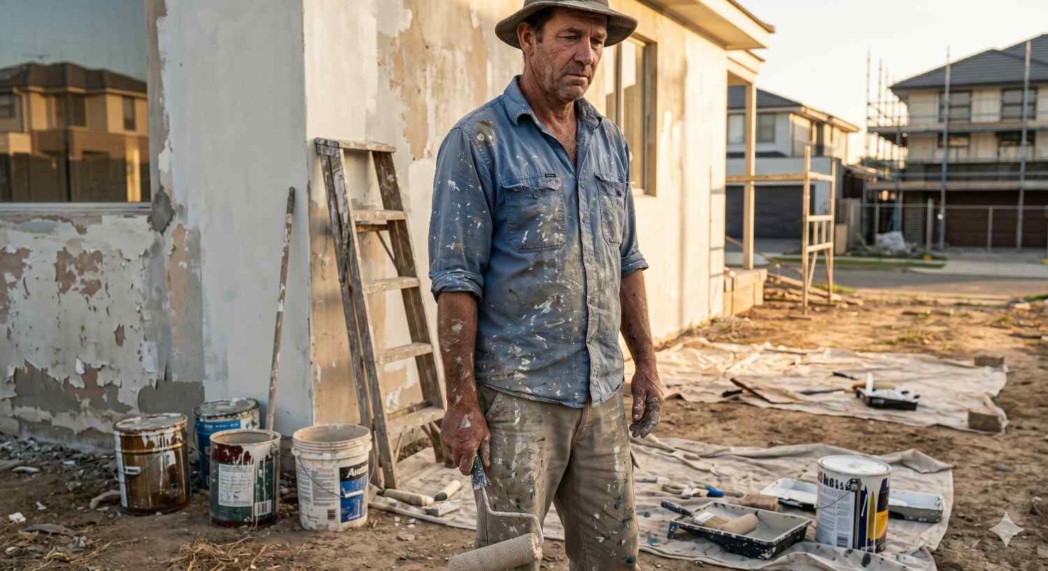 Paint-covered construction worker stands outside a partially finished house holding a paint roller. Ladders, paint buckets, and renovation tools surround the dusty worksite, capturing the hard labor and fatigue involved in exterior home construction and remodeling projects.