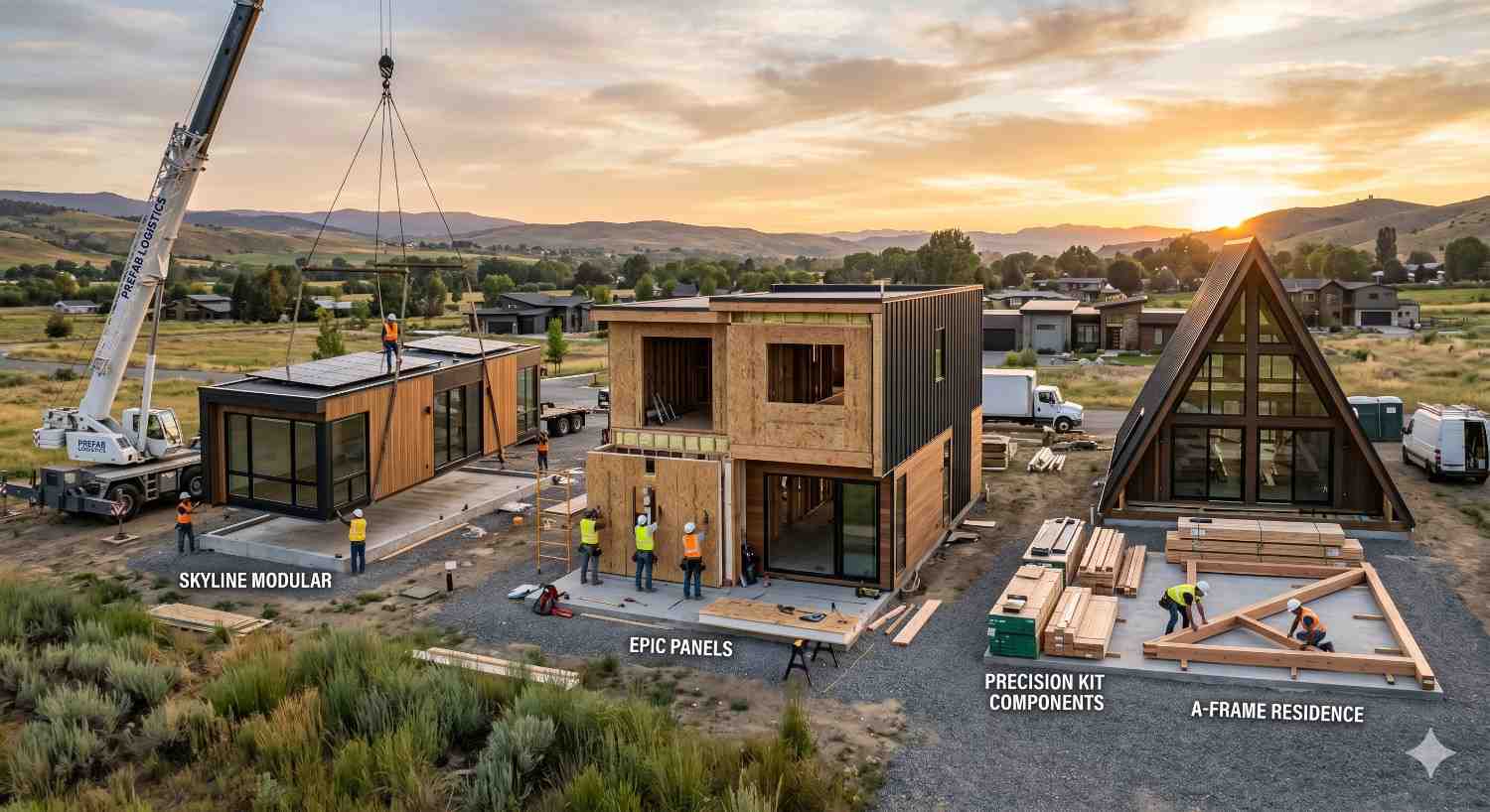 Modern modular housing construction site at sunset featuring crane lifted prefab units, partially assembled contemporary homes, and an A frame residence Workers install precision kit components and structural panels across the development Rural hills, construction materials, and unfinished buildings highlight innovative prefab architecture, efficient assembly methods, and modern residential design in progress outdoors