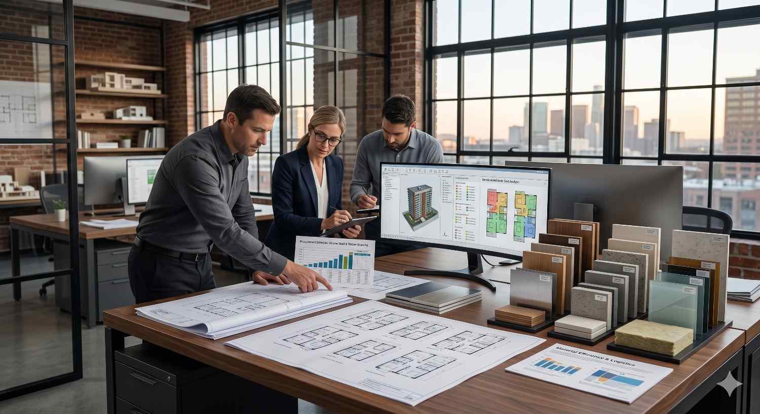 Architects and designers collaborate in a modern office, reviewing blueprints, building layouts, and material samples. Digital screens display architectural models and floor plans while the team discusses a construction or interior design project.