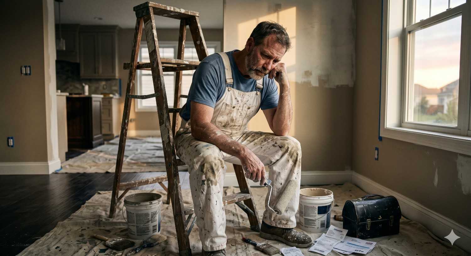 Weary painter sits on a ladder in a partially finished room, holding a paint roller and looking stressed. Paint supplies, scattered bills, and renovation materials around him suggest financial pressure and exhaustion during a home remodeling or interior painting project.