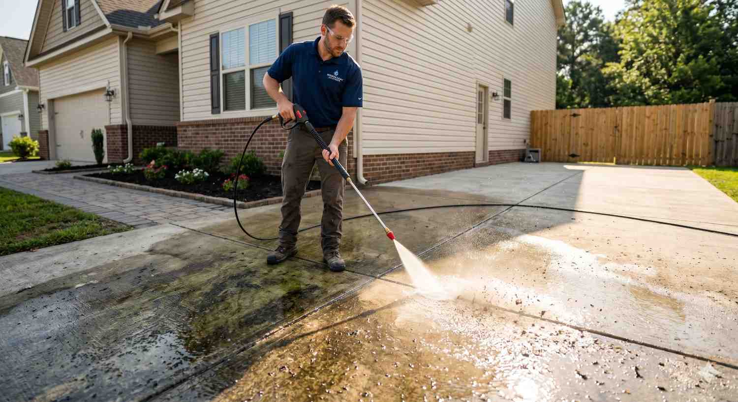 Man pressure washing a residential driveway, removing dirt and grime from concrete outside a suburban home