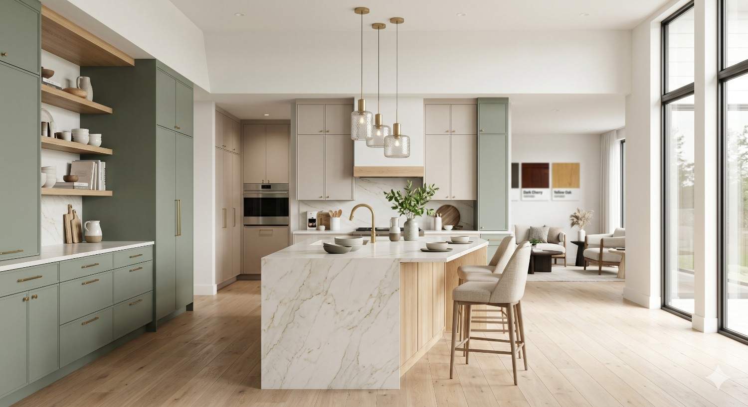 Modern open-concept kitchen with sage green and white cabinetry, a large marble island, pendant lighting, and light wood flooring. Large windows and minimalist decor create a bright, spacious contemporary interior.
