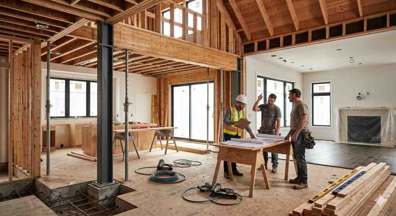 Interior residential construction site with exposed wooden framing, steel support columns, and unfinished flooring. Three construction professionals review blueprints around temporary worktable inside spacious modern home build. Natural light enters through large windows and sliding doors. Tools, lumber, and equipment scattered throughout structure highlight active renovation and custom home development project.