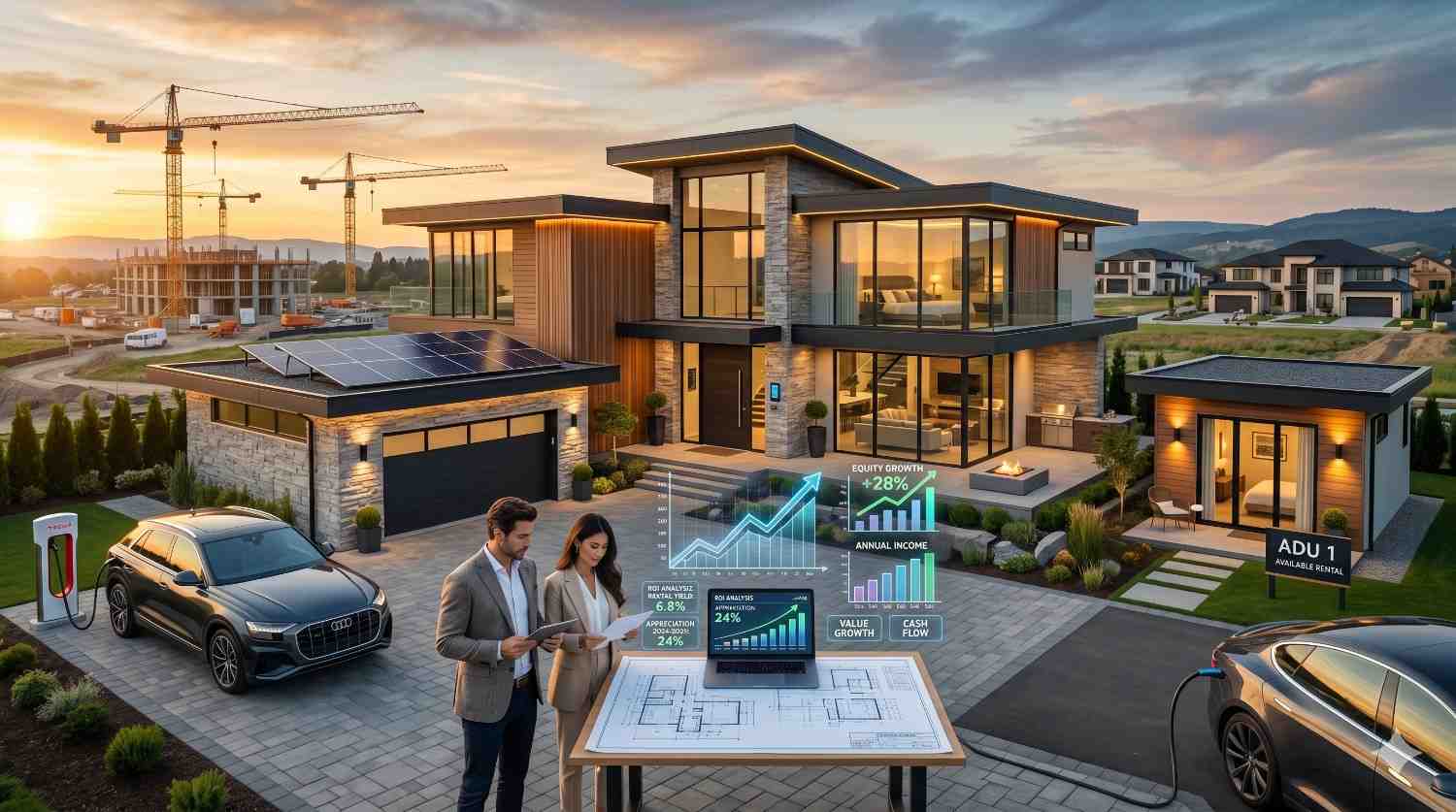 Modern luxury smart home with solar panels and electric vehicles at sunset surrounded by upscale suburban development Two professionals review architectural plans beside digital financial charts showing equity growth, rental income, and investment metrics Contemporary glass architecture, landscaped grounds, and an accessory dwelling unit highlight sustainable real estate development and modern property investment opportunities