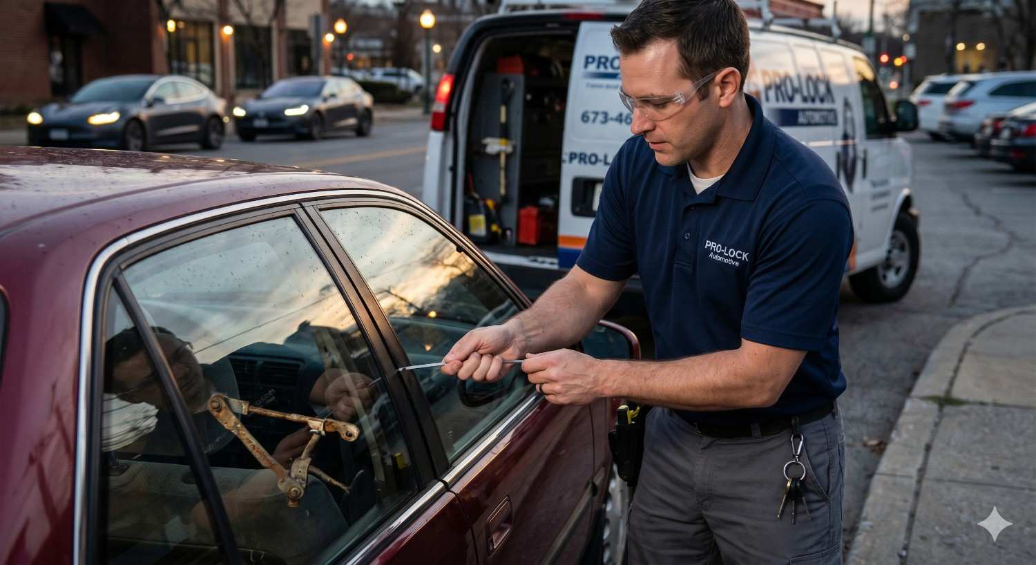 Professional automotive locksmith unlocks a car door using specialized lockout tools beside a service van on a city street at dusk. Technician wearing safety glasses carefully performs emergency vehicle entry assistance on an older sedan. Urban roadside setting, locksmith branding, and professional equipment emphasize fast, reliable automotive lockout and mobile locksmith services.