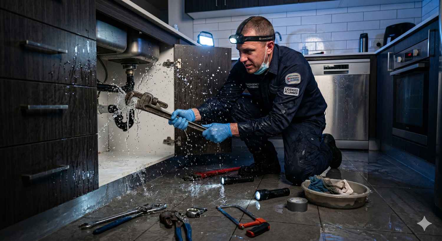 Licensed plumber repairing a burst pipe under a kitchen sink with water spraying, providing fast Emergency Plumbing service