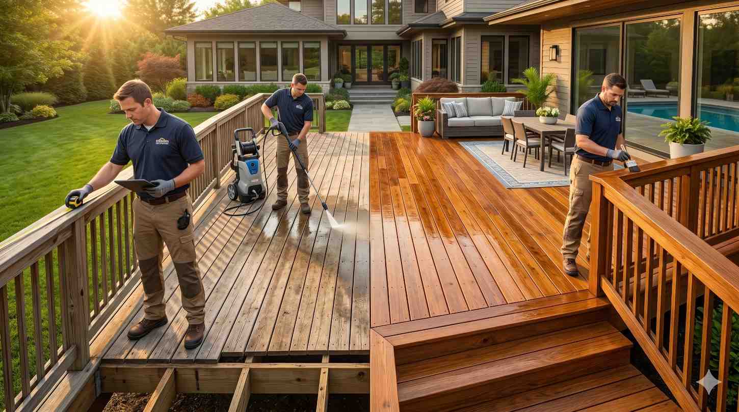 Three deck restoration professionals work on a large backyard wooden deck during sunset. One measures railing components, another pressure washes weathered boards, and a third applies protective stain to railings. The image highlights deck cleaning, refinishing, maintenance, and wood preservation, showing a dramatic before-and-after transformation across the surface.