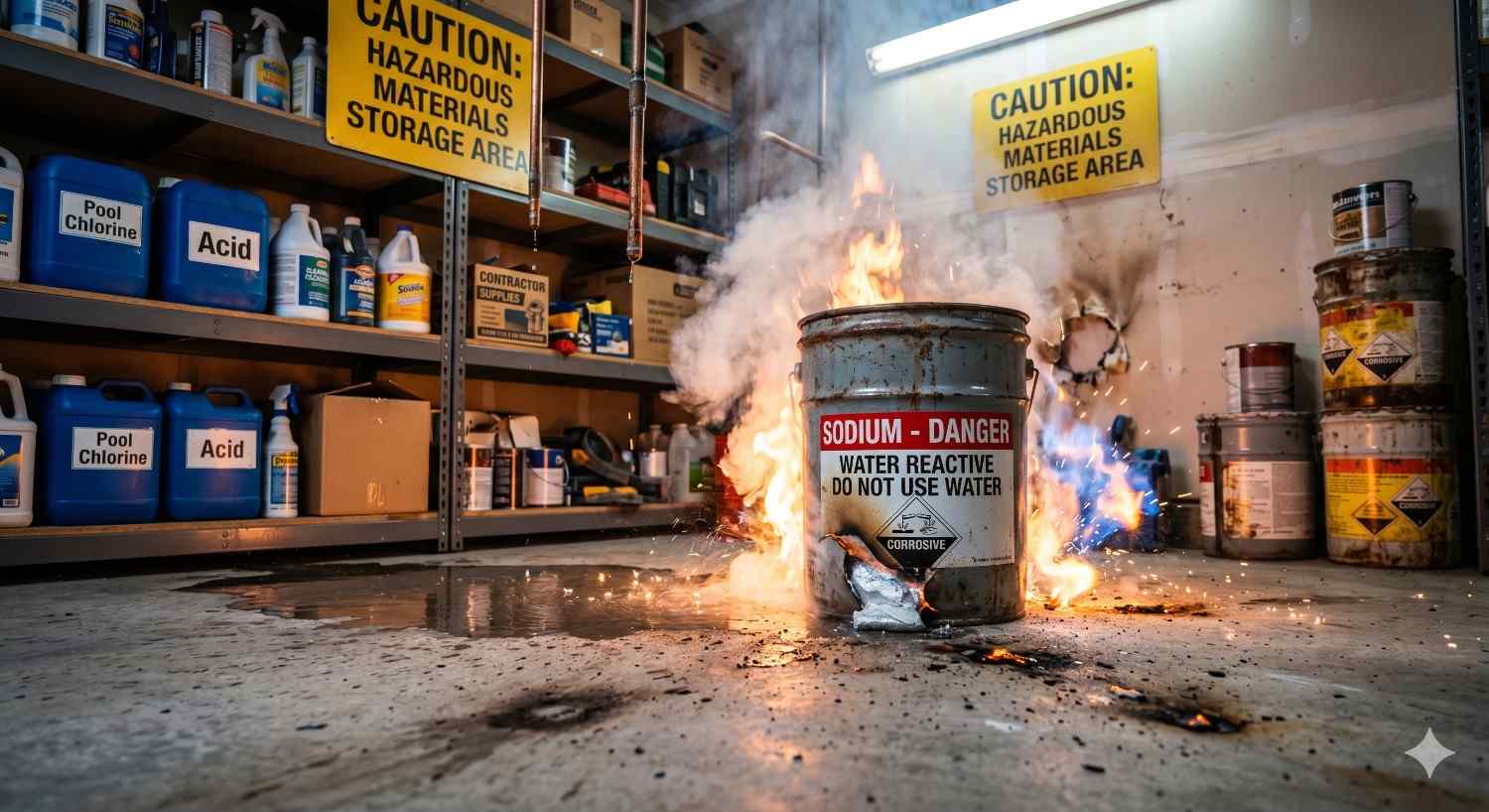A hazardous materials storage room contains leaking chemical containers and warning signs. In the center, a damaged drum labeled “Sodium – Danger, Water Reactive” burns and emits smoke, while sparks and flames spread across the concrete floor near stored acids and pool chemicals.