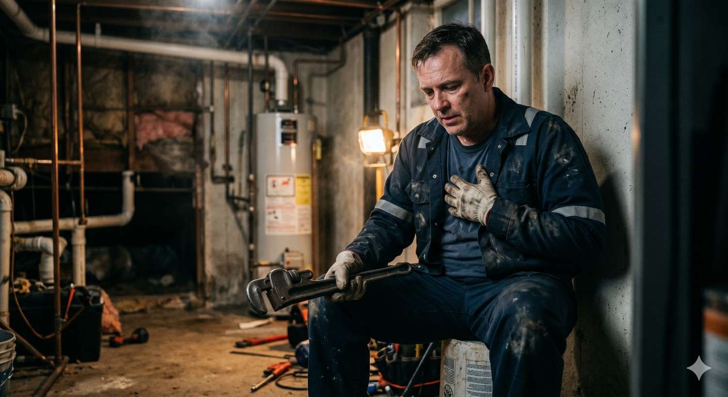 A tired plumber sits in a dim basement holding a pipe wrench and clutching his chest beside exposed pipes and a water heater, suggesting exhaustion or physical strain during a residential repair job.