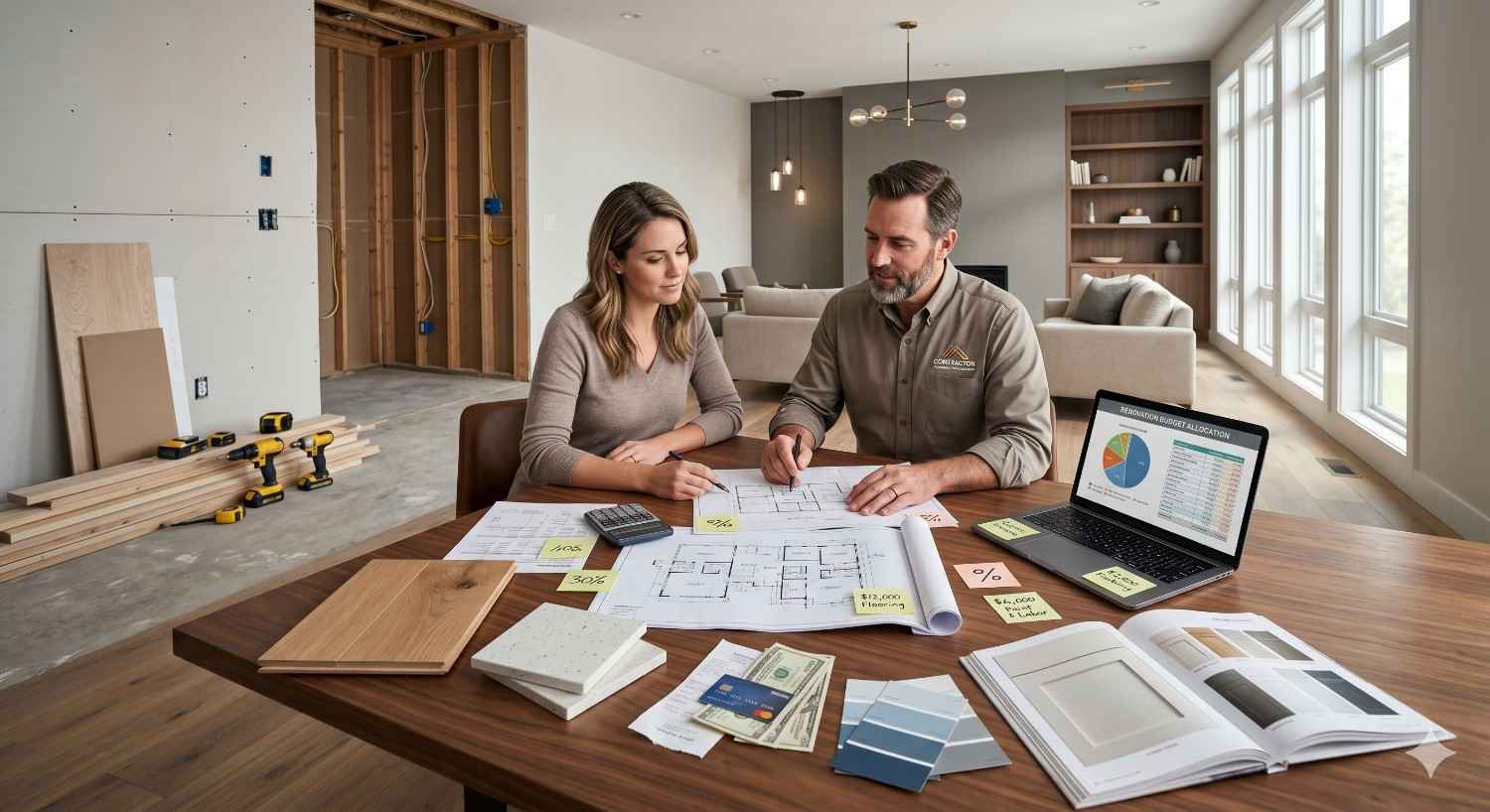 Homeowner and contractor discussing renovation plans, budgeting, and material selections inside a partially remodeled living space. Blueprints, flooring samples, paint swatches, and a laptop with budget charts are displayed on the table, highlighting home remodeling planning and interior design decisions.
