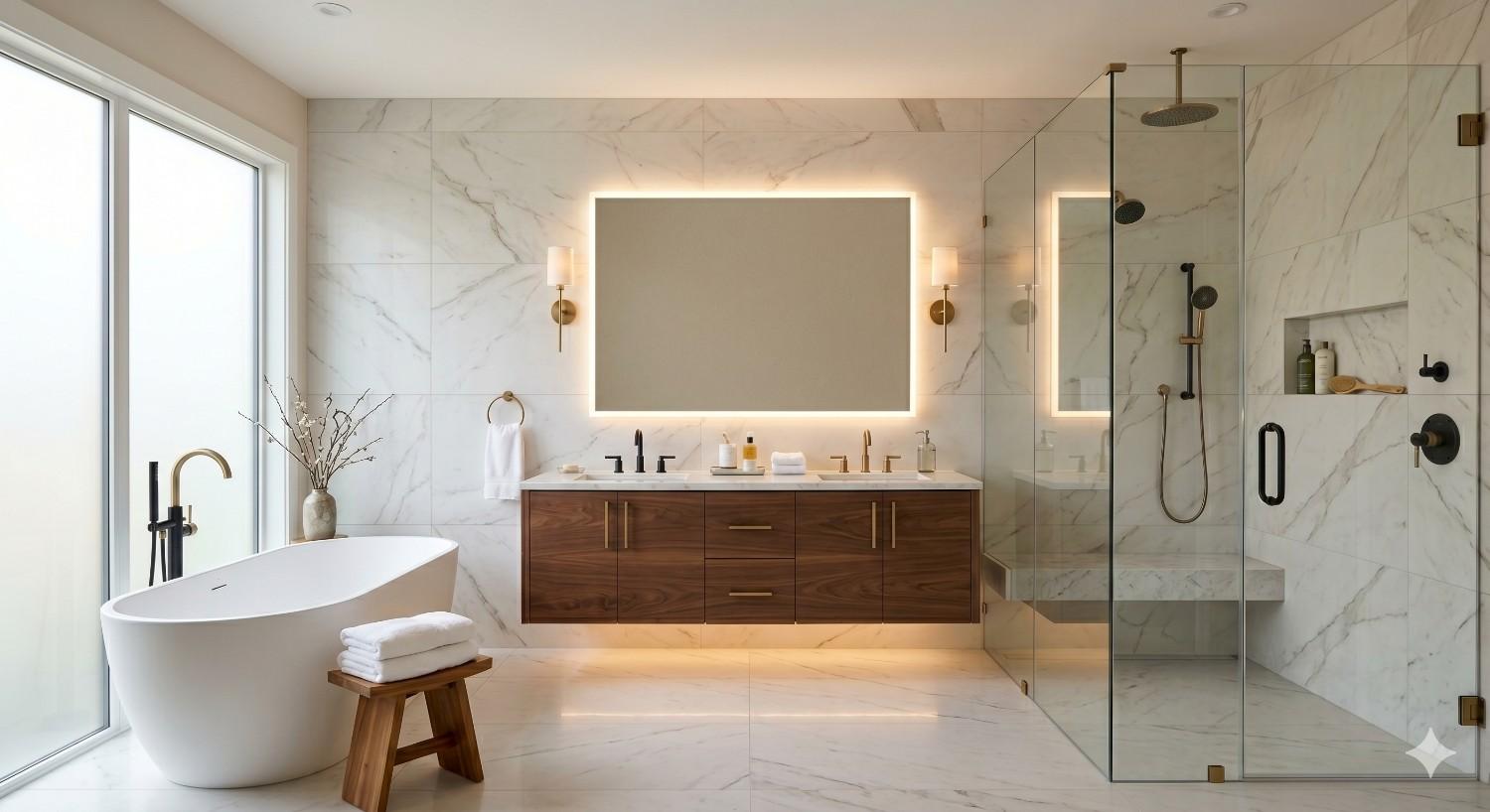 Luxury modern bathroom with marble walls, a freestanding bathtub, glass walk-in shower, and floating wood vanity. Soft lighting, gold fixtures, and minimalist decor create a bright spa-like atmosphere.