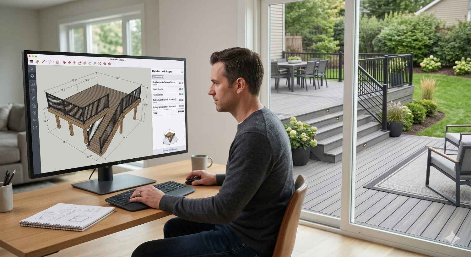 Man designing a backyard deck on computer software while viewing a completed composite deck through large windows. The screen displays a 3D deck model with dimensions and budget details, illustrating deck planning, outdoor renovation design, and custom decking visualization.