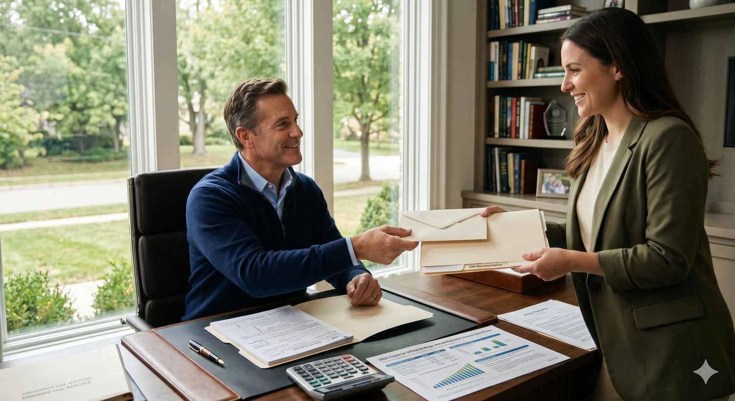 Businesswoman handing documents to a smiling client across a desk in a home office. Financial reports, paperwork, and a calculator on the desk suggest a mortgage approval, real estate transaction, or financial consultation meeting.