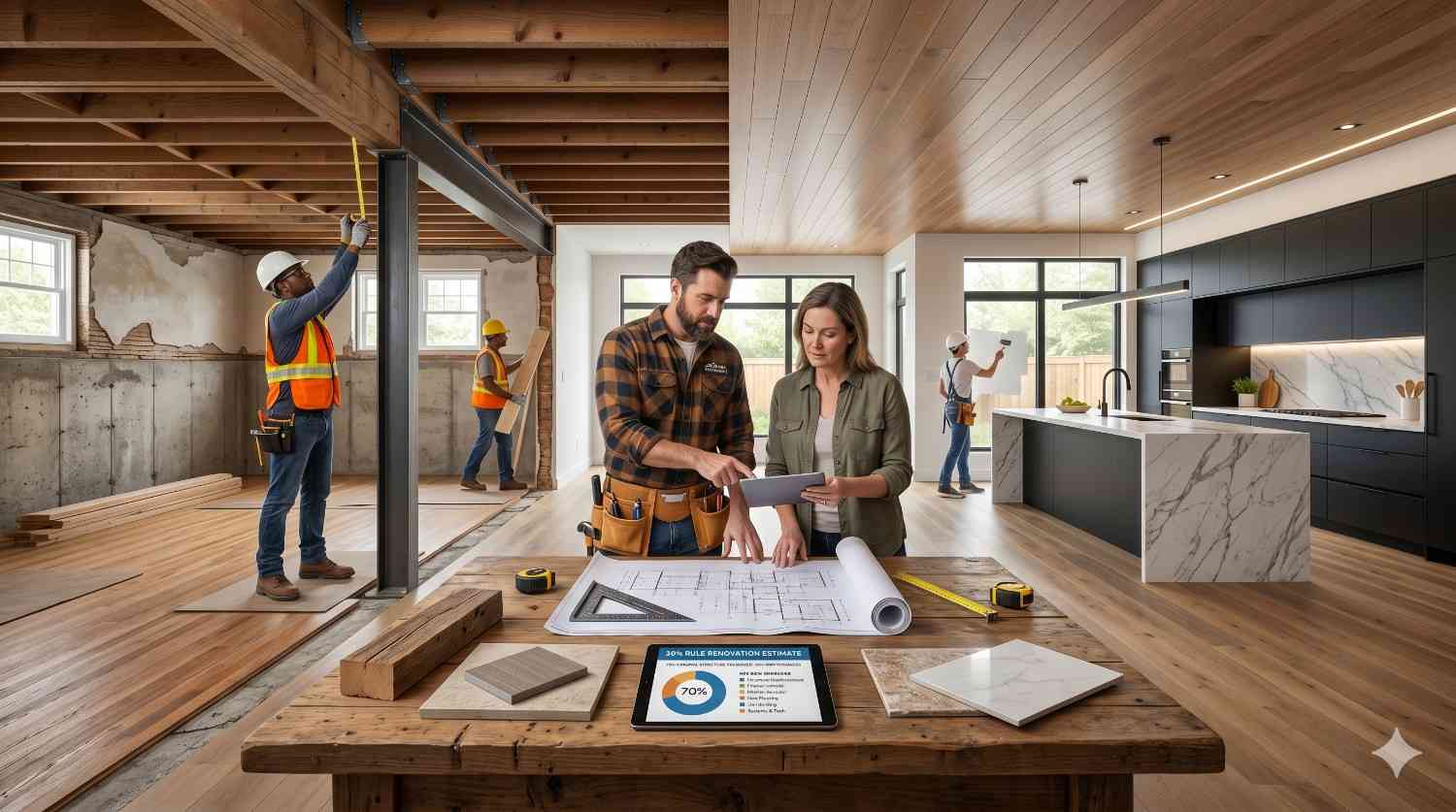 Contractors and homeowners reviewing renovation plans inside a partially remodeled home. Workers install structural beams and finish interiors while blueprints, material samples, and budget estimates are displayed, showcasing a large-scale home renovation and modern kitchen remodeling project.