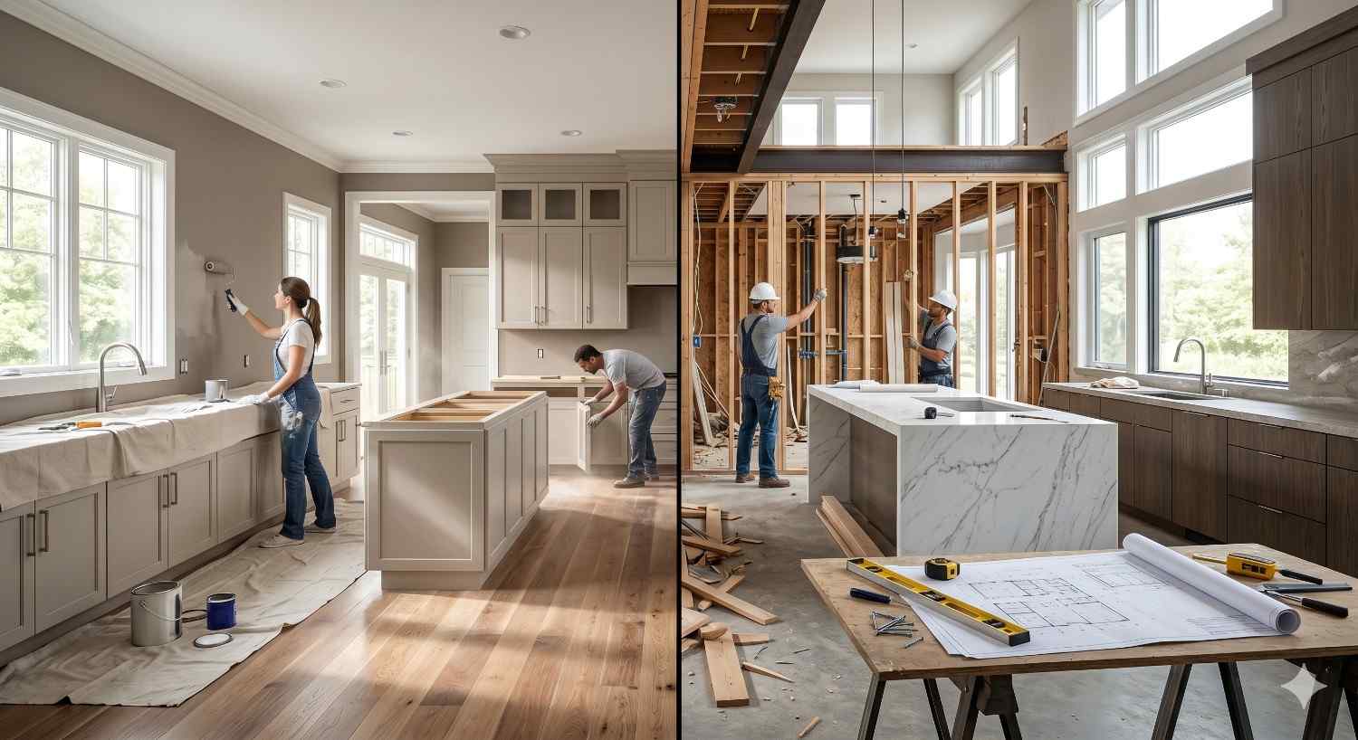 Split-screen kitchen renovation showing a nearly finished kitchen with painting and cabinet installation beside an unfinished construction area with exposed framing, workers, blueprints, and tools. The image highlights different stages of a modern home remodeling project.