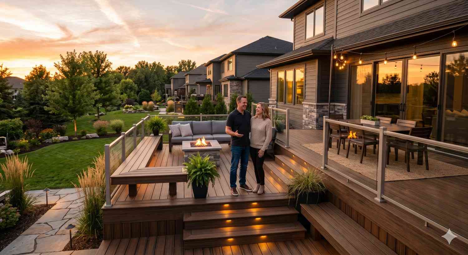 Couple standing on a modern backyard deck at sunset, featuring outdoor seating, fire table, dining area, string lights, and landscaped garden. Multi-level wooden patio with illuminated steps creates a warm and inviting outdoor living space.