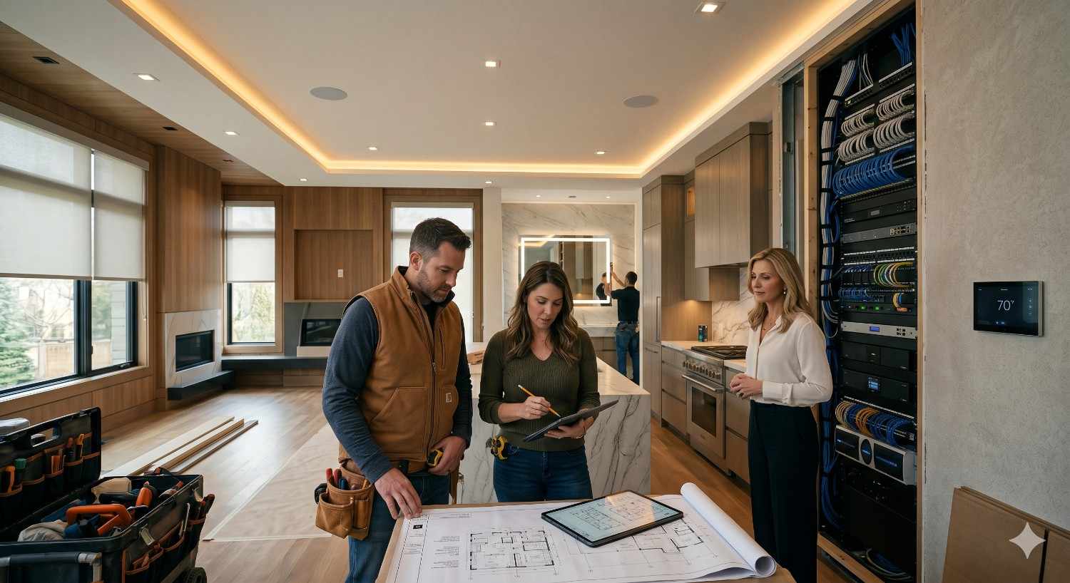 Modern smart home installation consultation inside luxury residential interior featuring contractor, homeowner, and technology specialist reviewing blueprints and digital tablet. Open server rack displays organized networking cables and home automation equipment beside kitchen. Contemporary space includes recessed lighting, wood paneling, marble island, and integrated climate control touchscreen during renovation project.