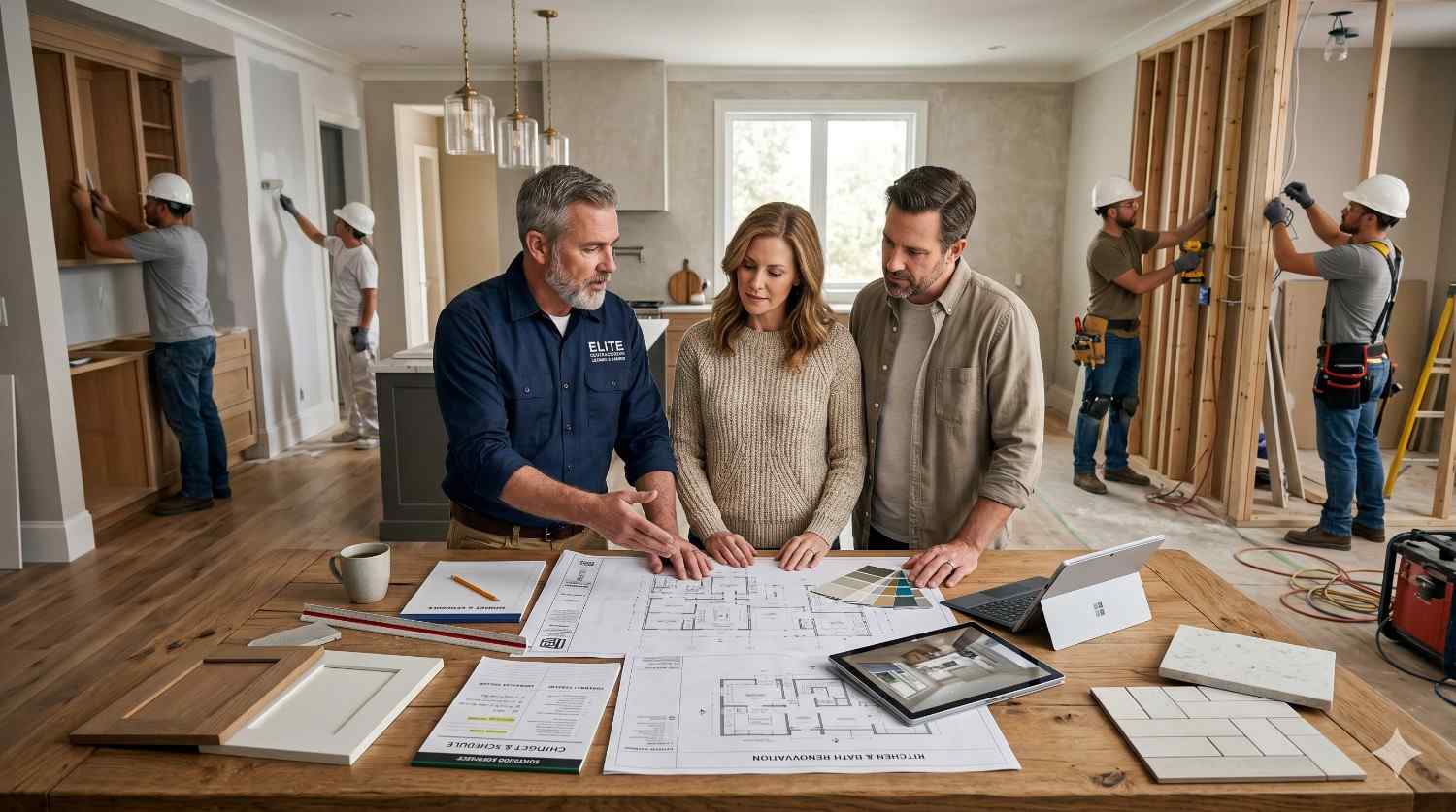 Contractor reviews renovation blueprints and material samples with homeowners inside a partially remodeled modern home. Construction workers install drywall and framing in the background while tools, flooring samples, cabinetry, and design plans cover a large wooden table. The active residential renovation site highlights collaboration between clients and builders during the remodeling and design process.
