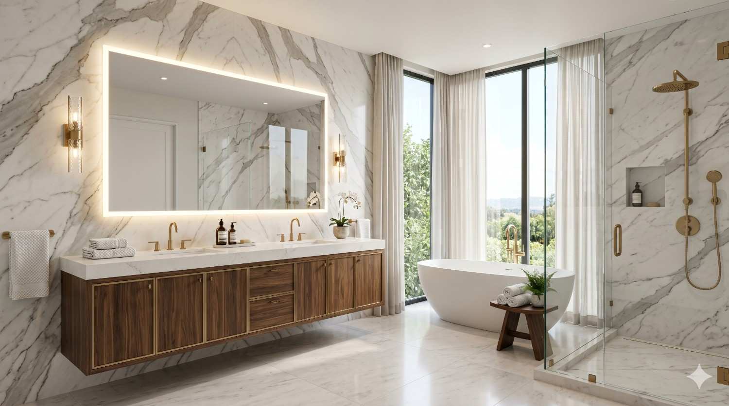 Elegant modern bathroom with marble walls, a floating wood vanity, illuminated mirror, freestanding bathtub, and glass walk-in shower. Large windows and gold fixtures create a bright, luxurious spa-inspired interior.